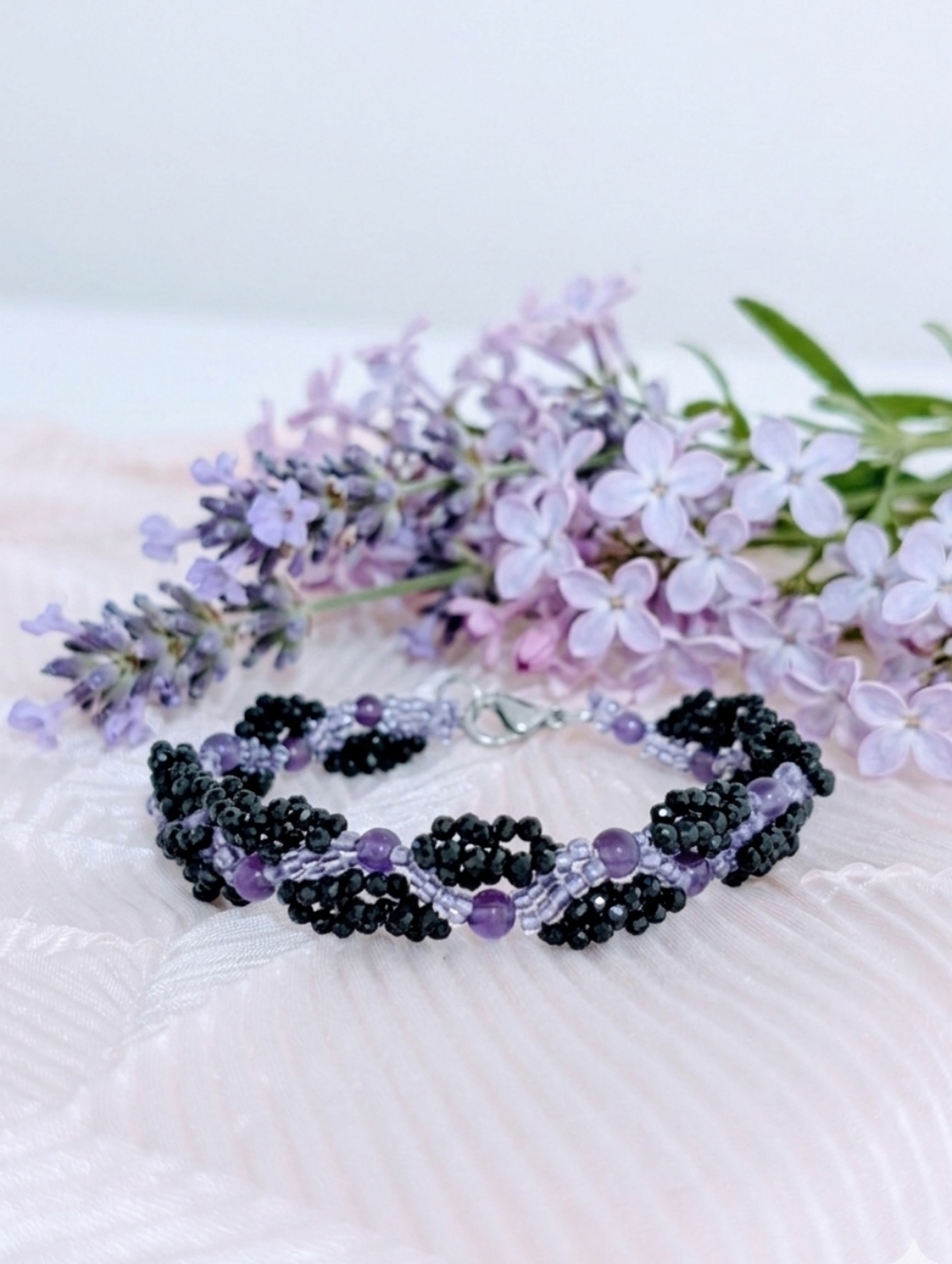 Amethyst/Black Spinel/Czech Glass Beaded Bracelet